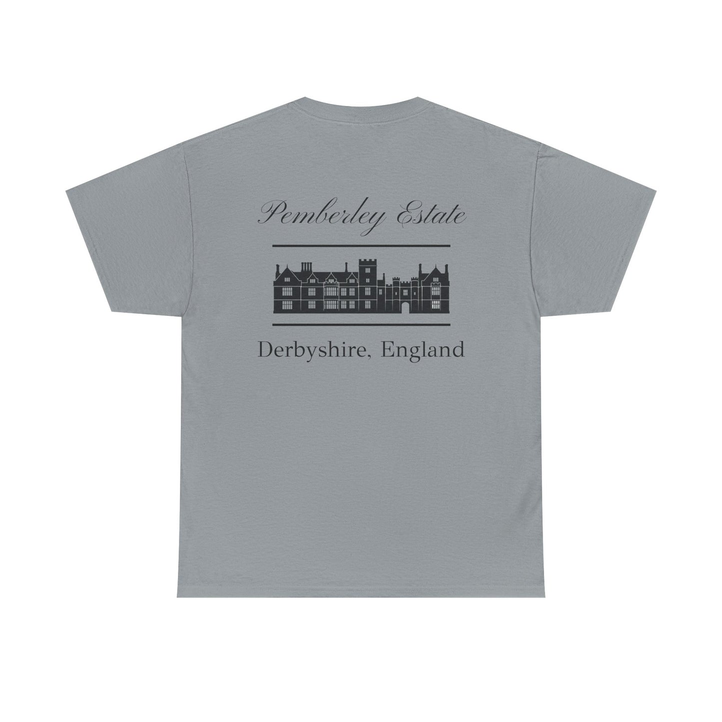 Pemberley Estate with building black text Men's t-shirt back - slate color