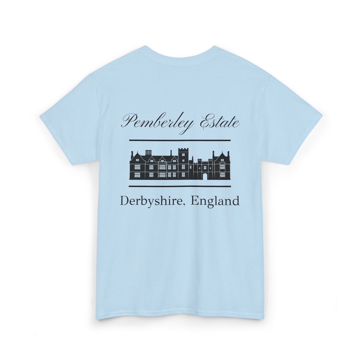 Pemberley Estate with building black text front - men's t-shirt light blue