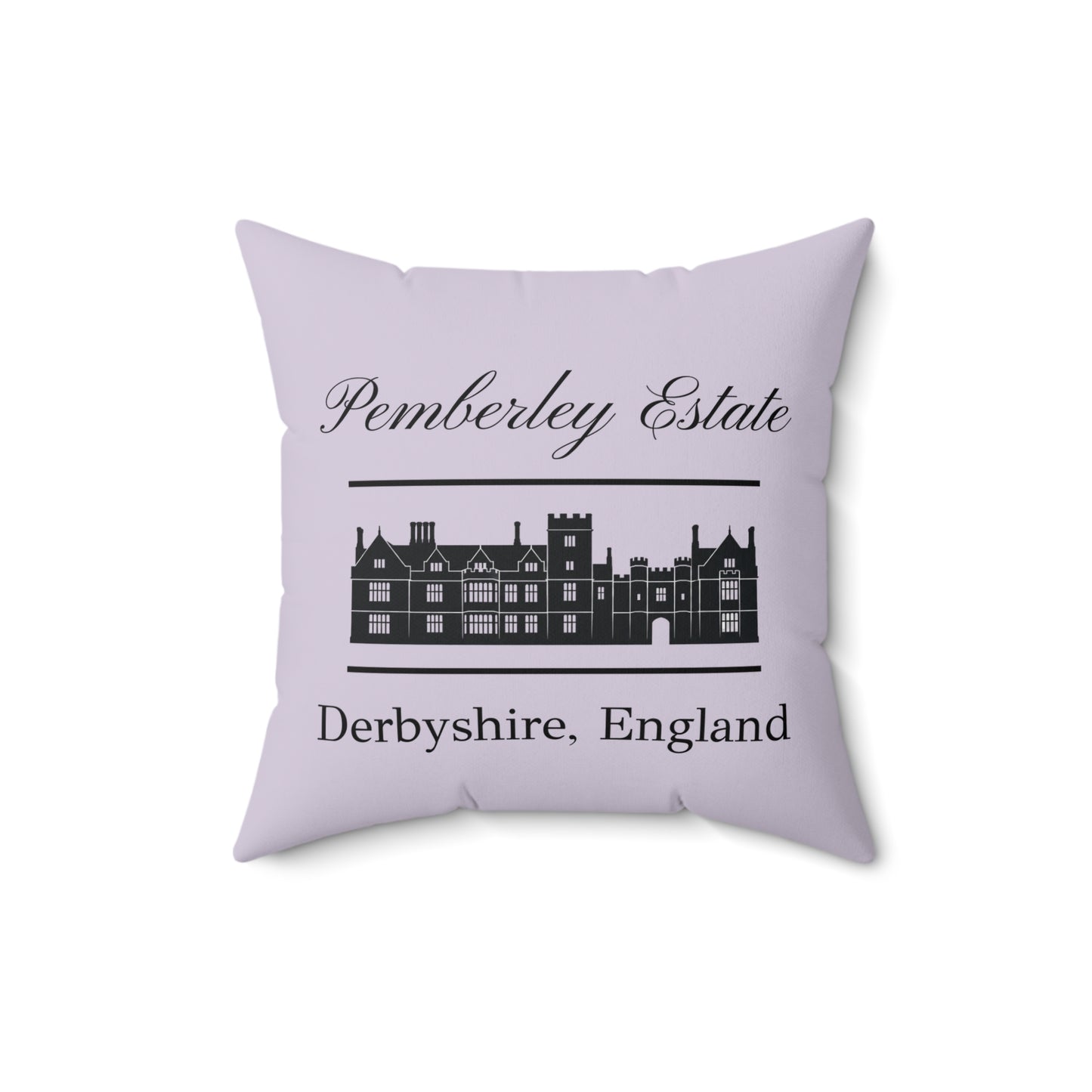 Back side Pemberley Estate text on pillow - lavender color 16 inch square