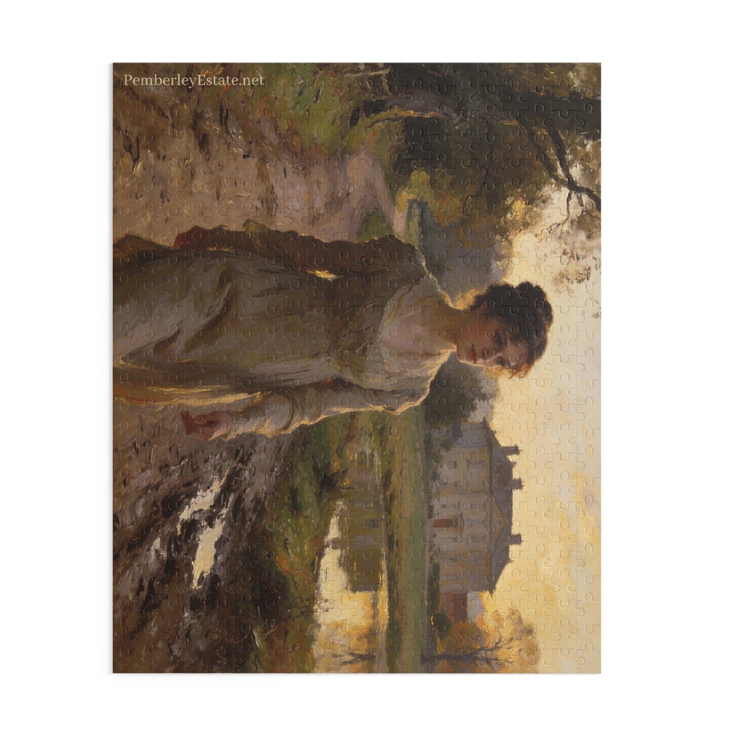 Painting of a woman in a landscape with a house in the background