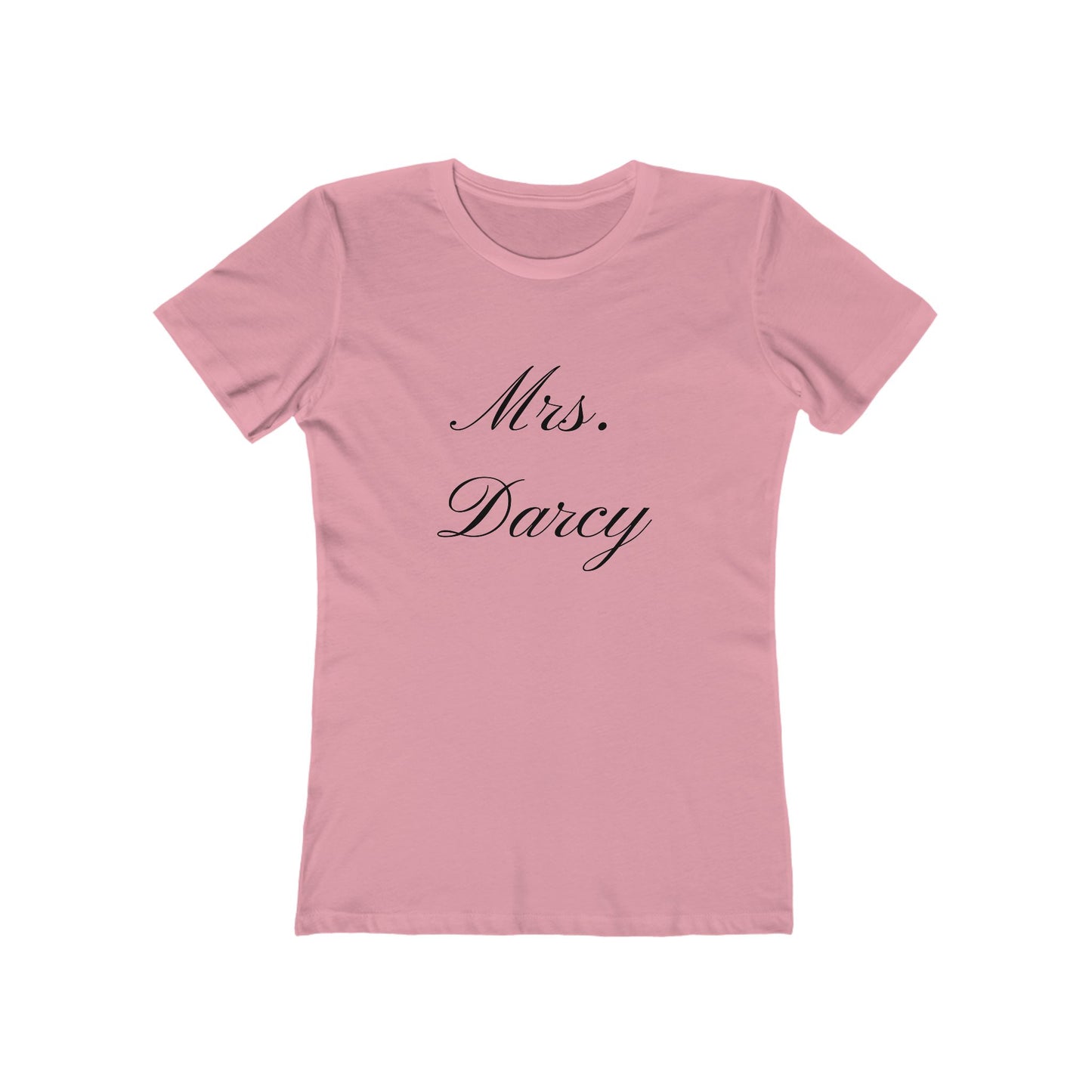 Mrs Darcy black text on woman's t-shirt - light pink