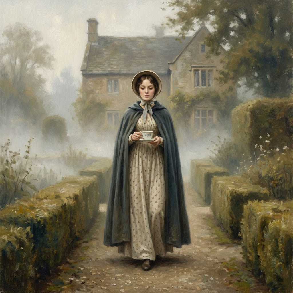Painterly image of Mrs. Collins walking in her garden with a cup of tea