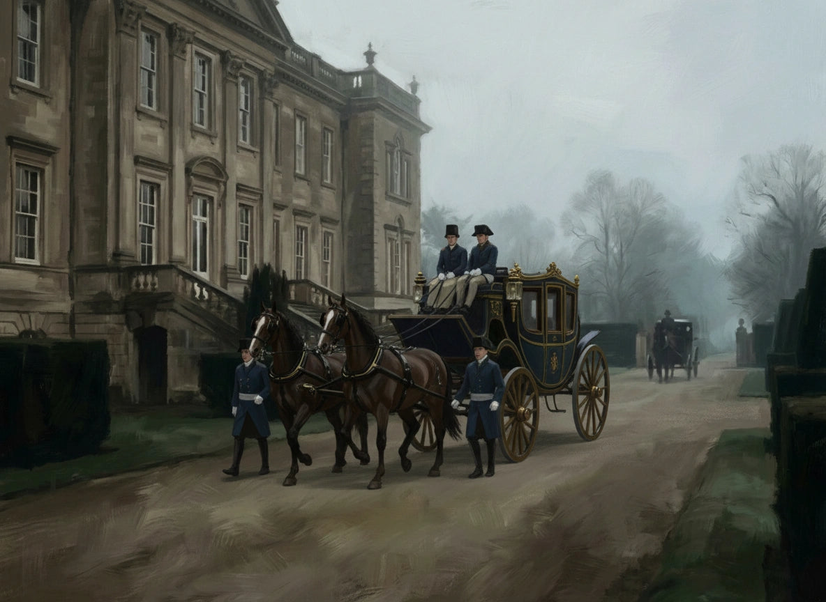 Painterly image of Rosings Estate with horses and carriage