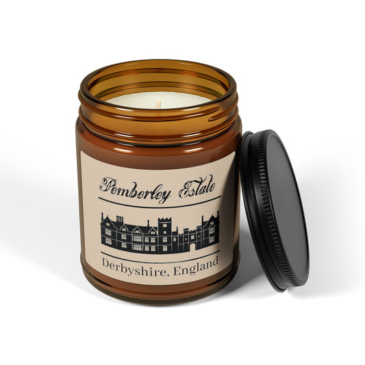 Pemberley Estate Derbyshire England with building black text on 9oz candle - lid off