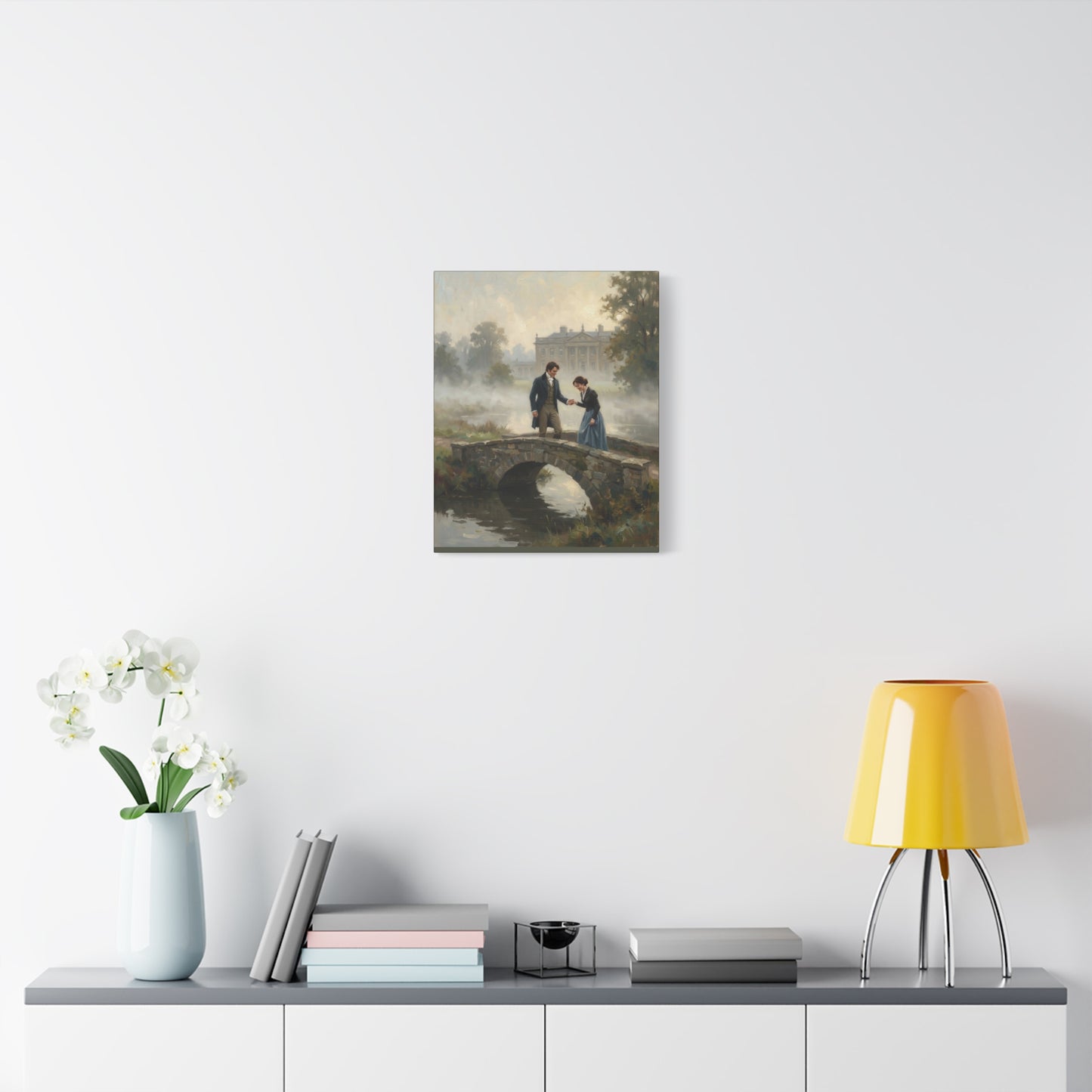 Darcy and Lizzy on the Bridge at Pemberley Estate Matte Canvas Print