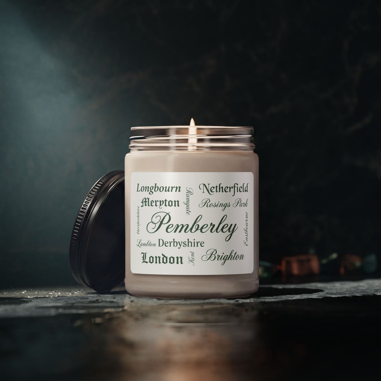 Places of Pride & Prejudice Soy Candle — Pemberley Literary Map Label