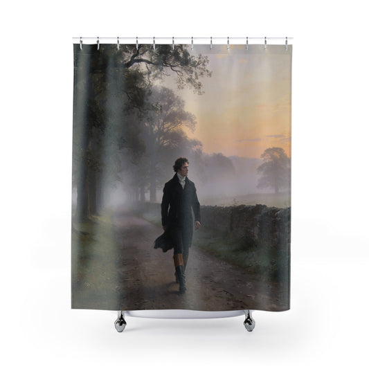 Shower curtain with a Mr. Darcy walking along a path in a misty landscape