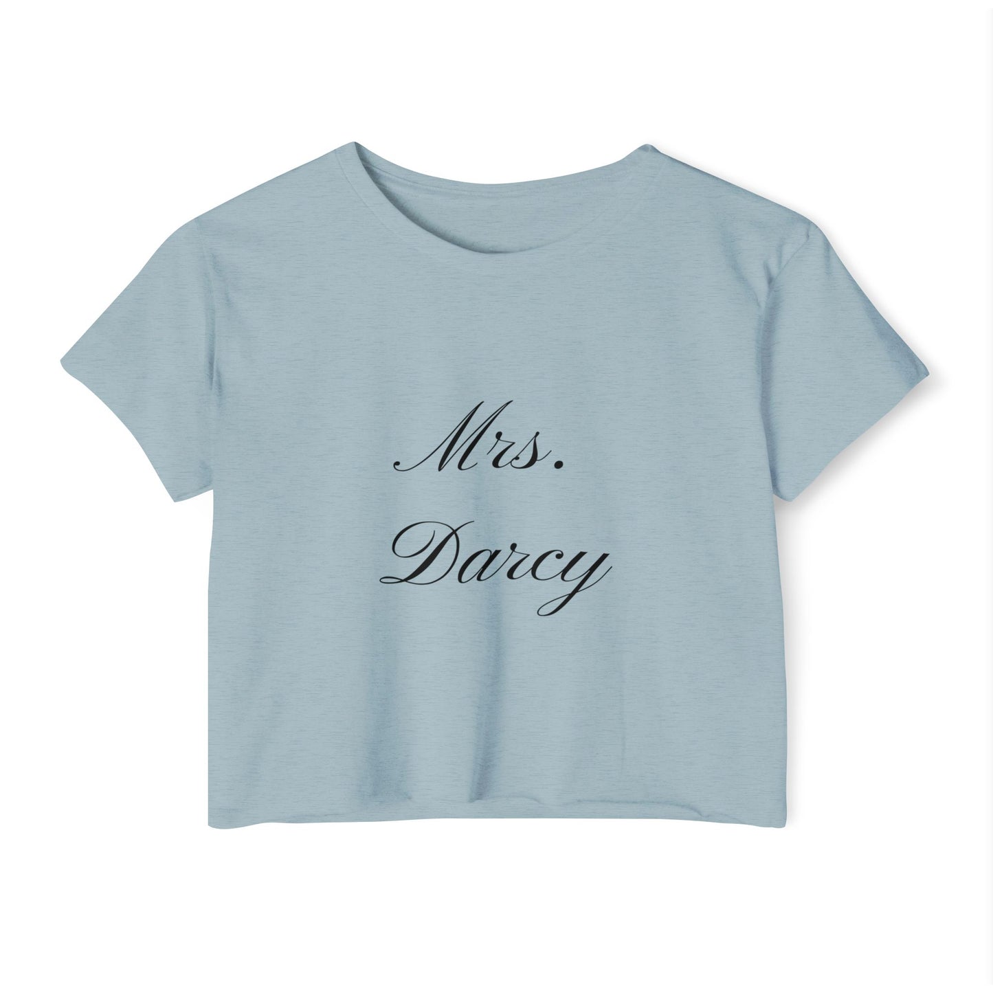 Mrs Darcy black text on woman's crop top t-shirt - stonewash denim