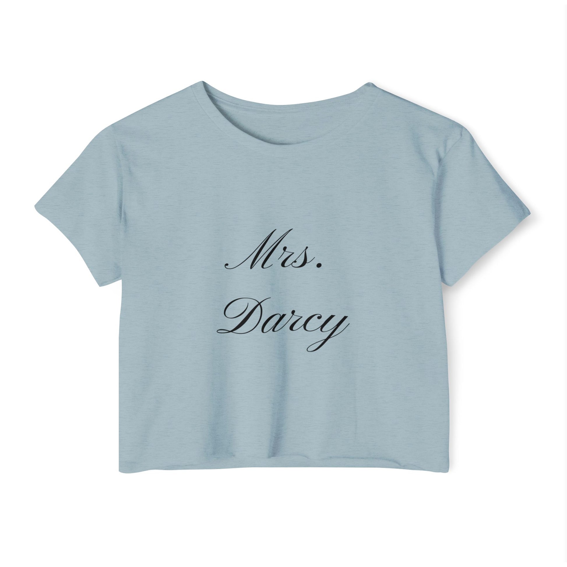 Mrs Darcy black text on woman's crop top t-shirt - stonewash denim