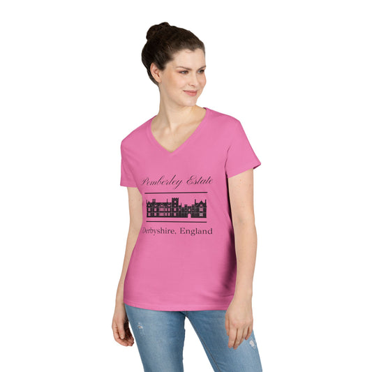 Pemberley Estate Derbyshire England with building text on woman's v-neck t-shirt - Azalea color