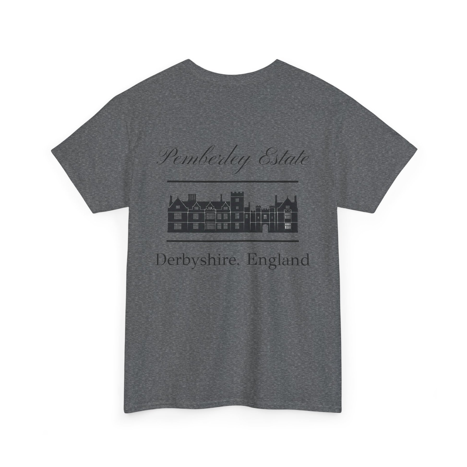 Pemberley Estate with building black text front - men's t-shirt dark gray