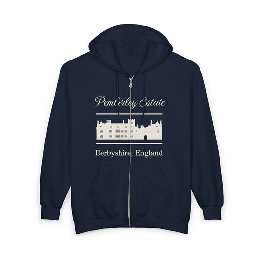 Official Pemberley Estate Zip-Up Hoodie — Derbyshire, England (Unisex)