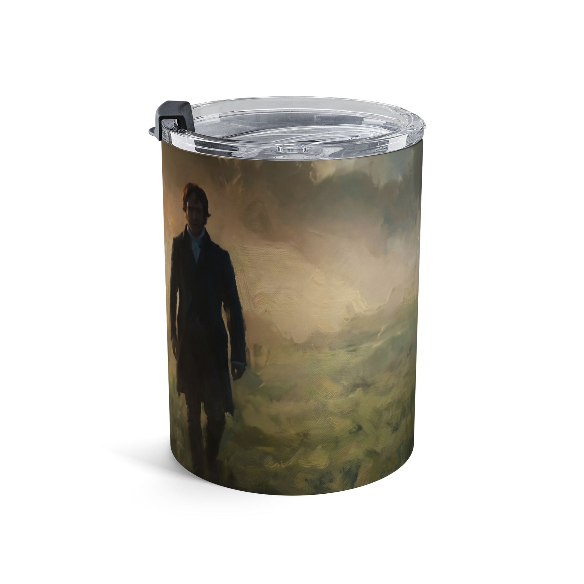 Tumbler with a printed design of Mr. Darcy walking in the mist