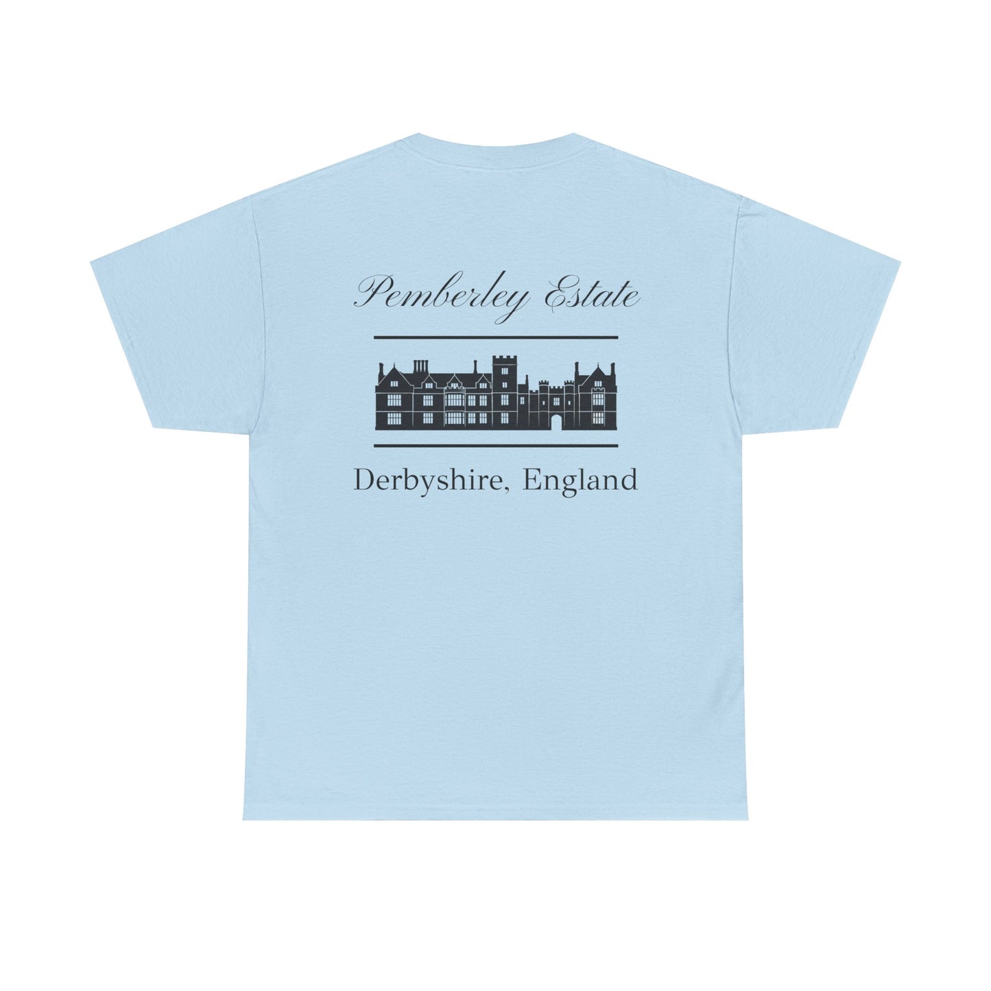 Pemberley Estate with building black text Men's t-shirt  back - light blue color