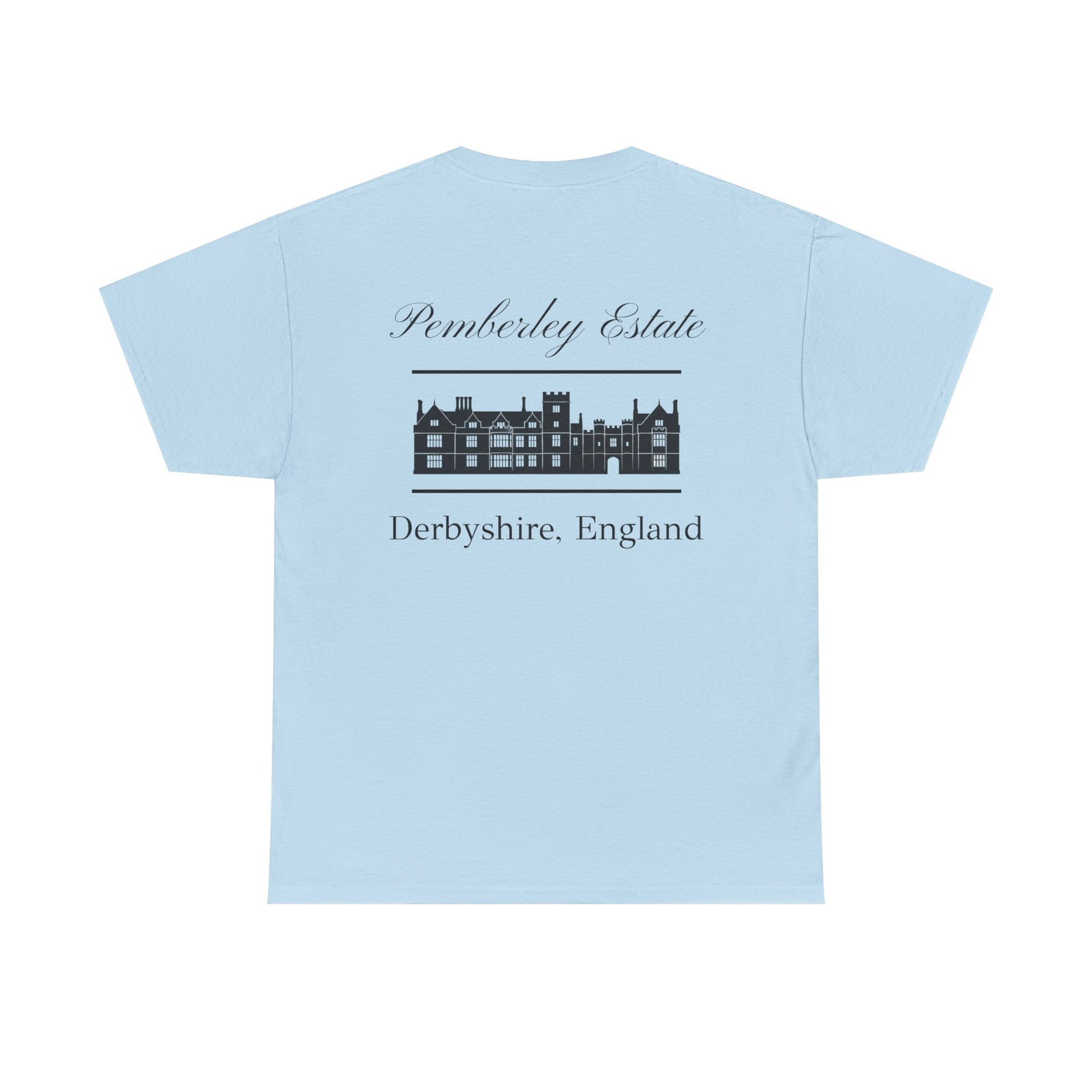Pemberley Estate with building black text Men's t-shirt  back - light blue color