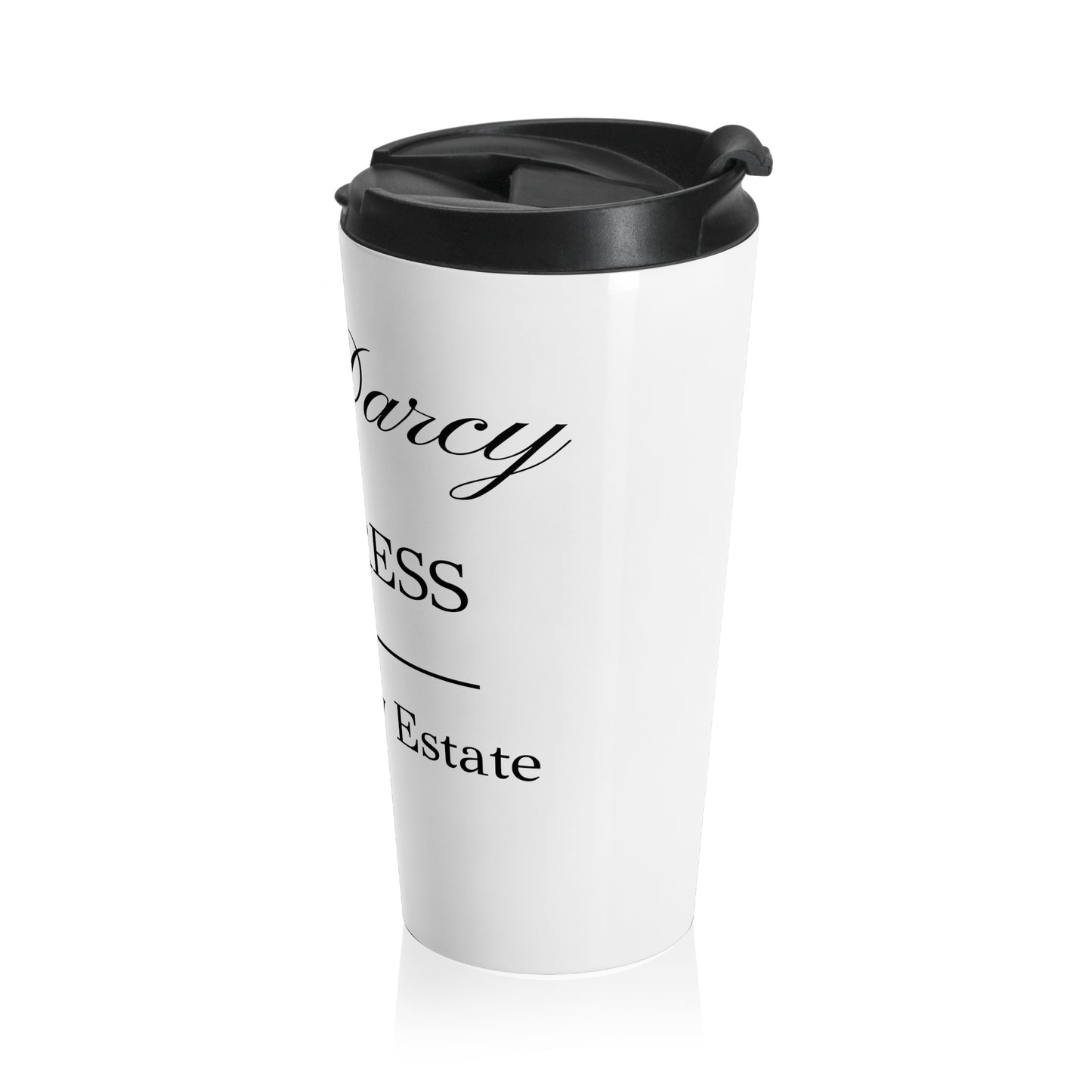 Mrs Darcy Mistress of Pemberley Estate text on travel tumbler - white with black text side