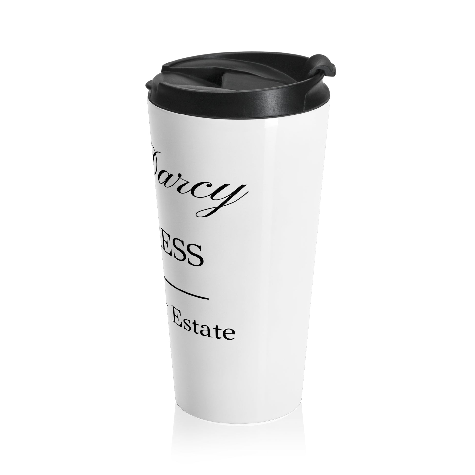 Mrs Darcy Mistress of Pemberley Estate text on travel tumbler - white with black text side