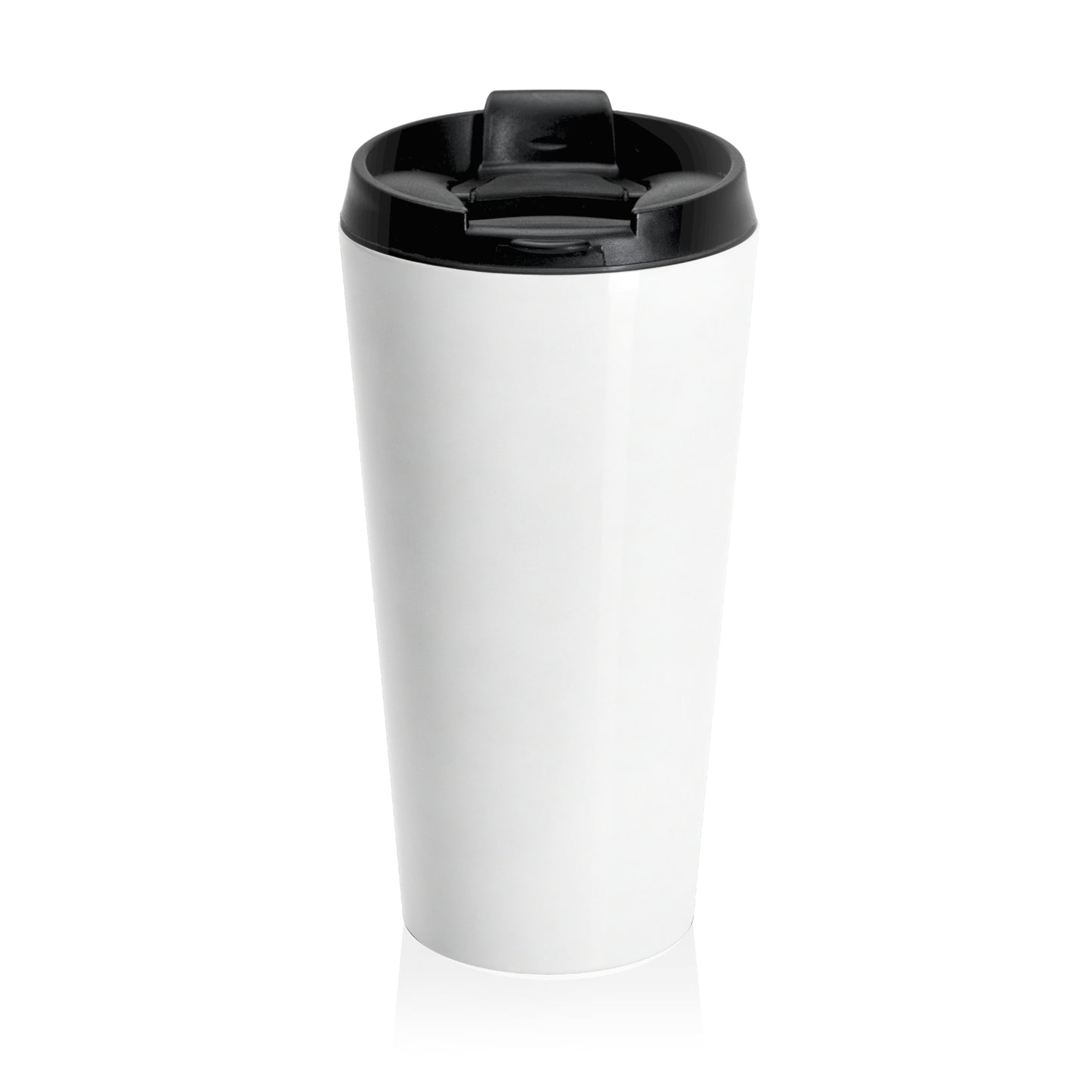 White travel mug with a black lid on a white background