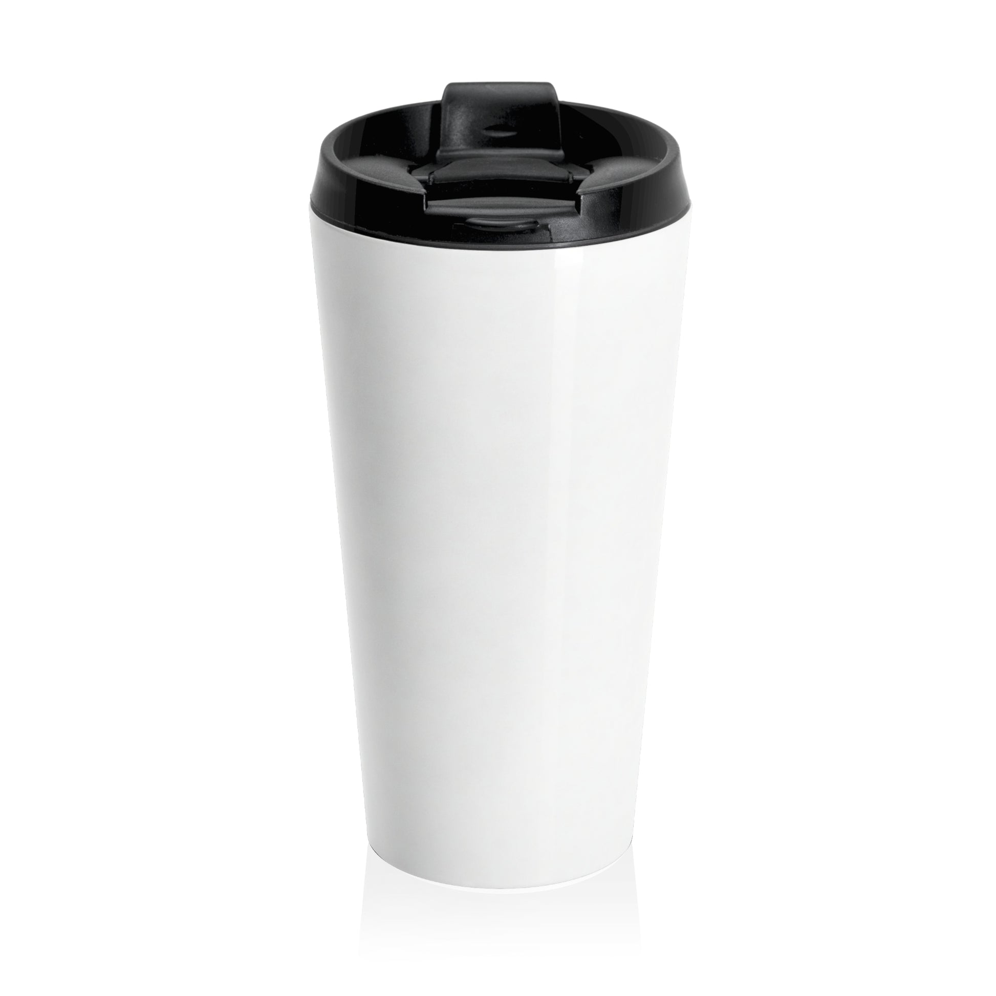 White travel mug with a black lid on a white background