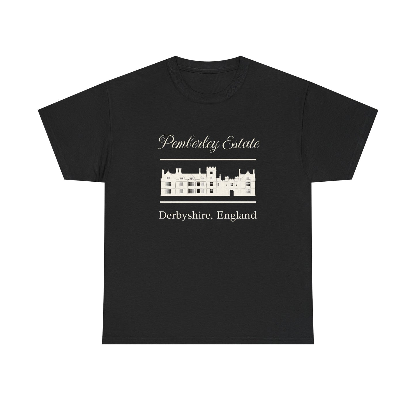 Dark gray t-shirt with black text Pemberley Estate and graphic