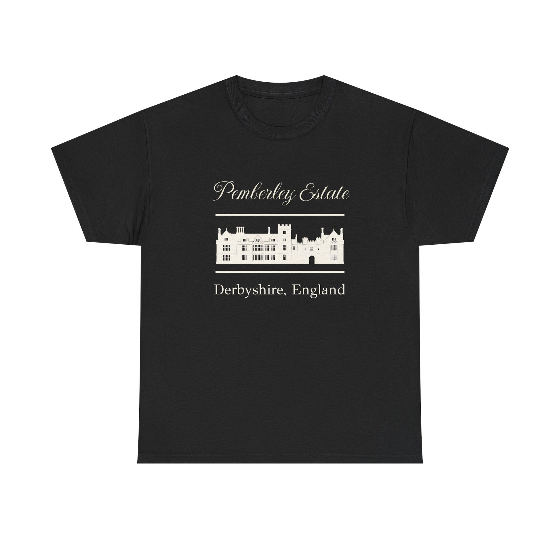 Dark gray t-shirt with black text Pemberley Estate and graphic