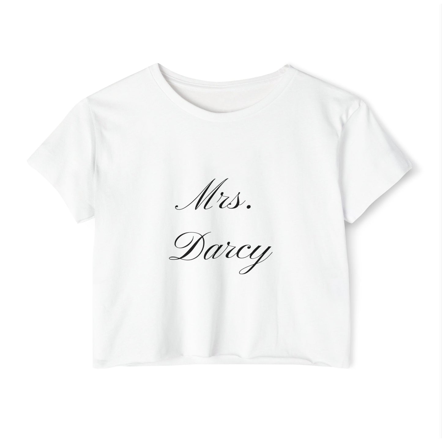 Mrs Darcy black text on woman's crop top t-shirt - white 