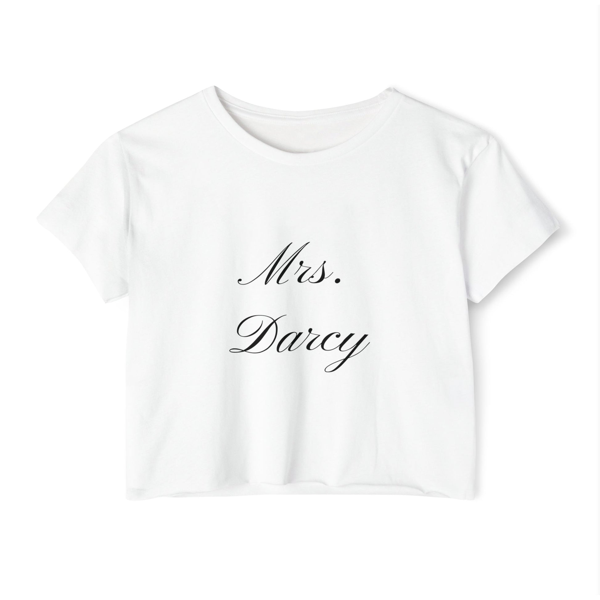 Mrs Darcy black text on woman's crop top t-shirt - white 