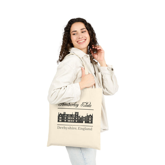  Pemberley Estate Derbyshire England with building black text on beige tote bag - lady holding