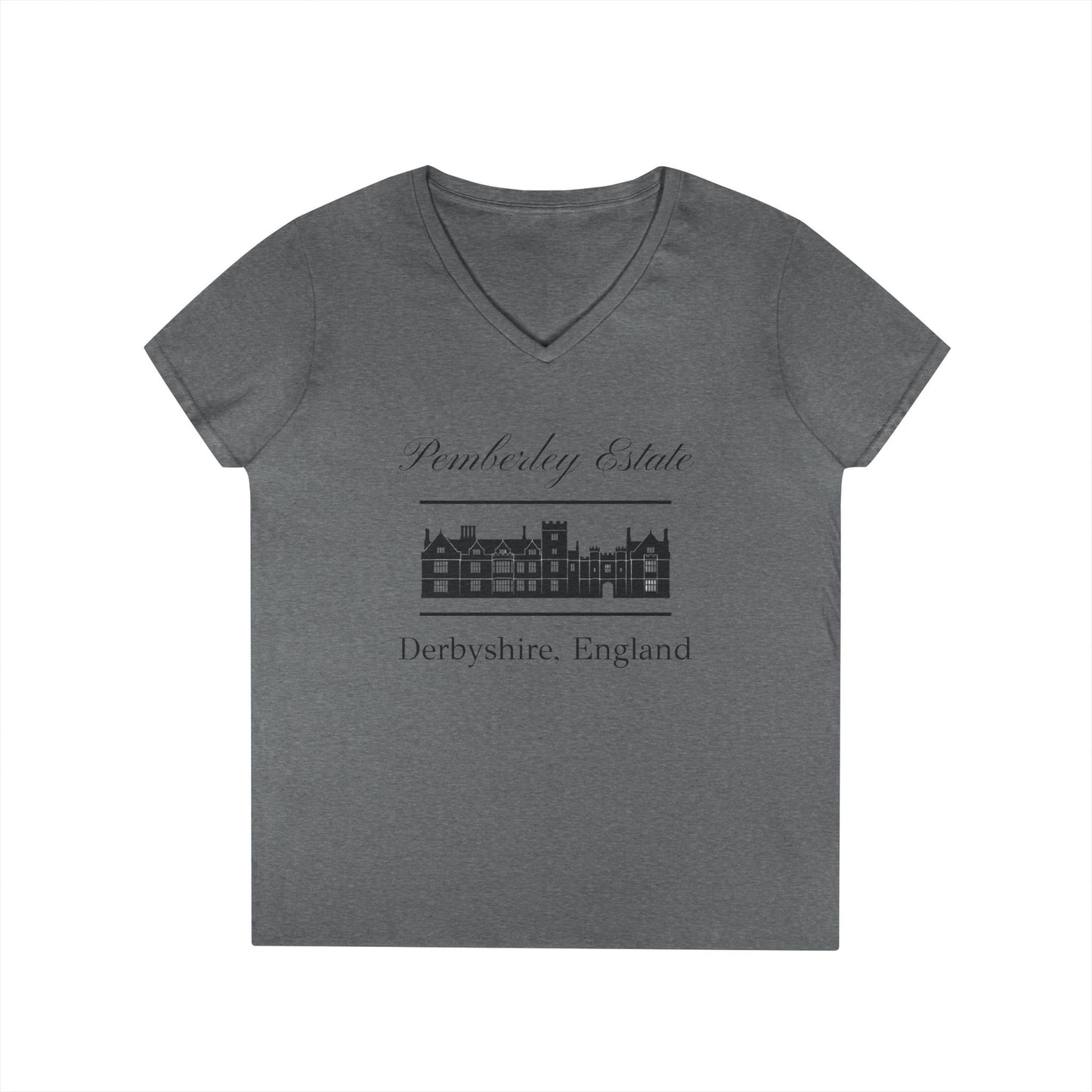 Pemberley Estate Derbyshire England with building text on woman's v-neck t-shirt - graphite color