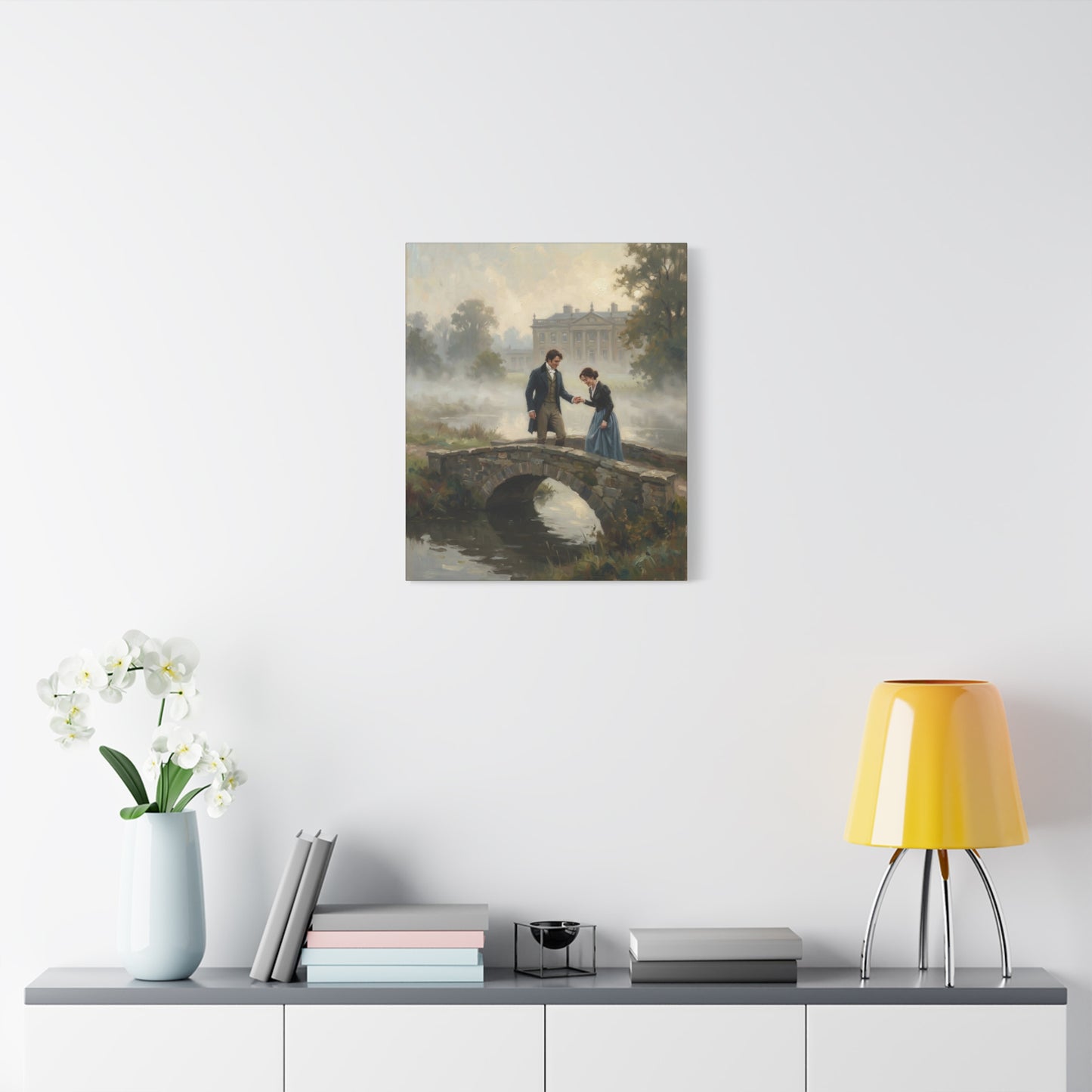 Darcy and Lizzy on the Bridge at Pemberley Estate Matte Canvas Print