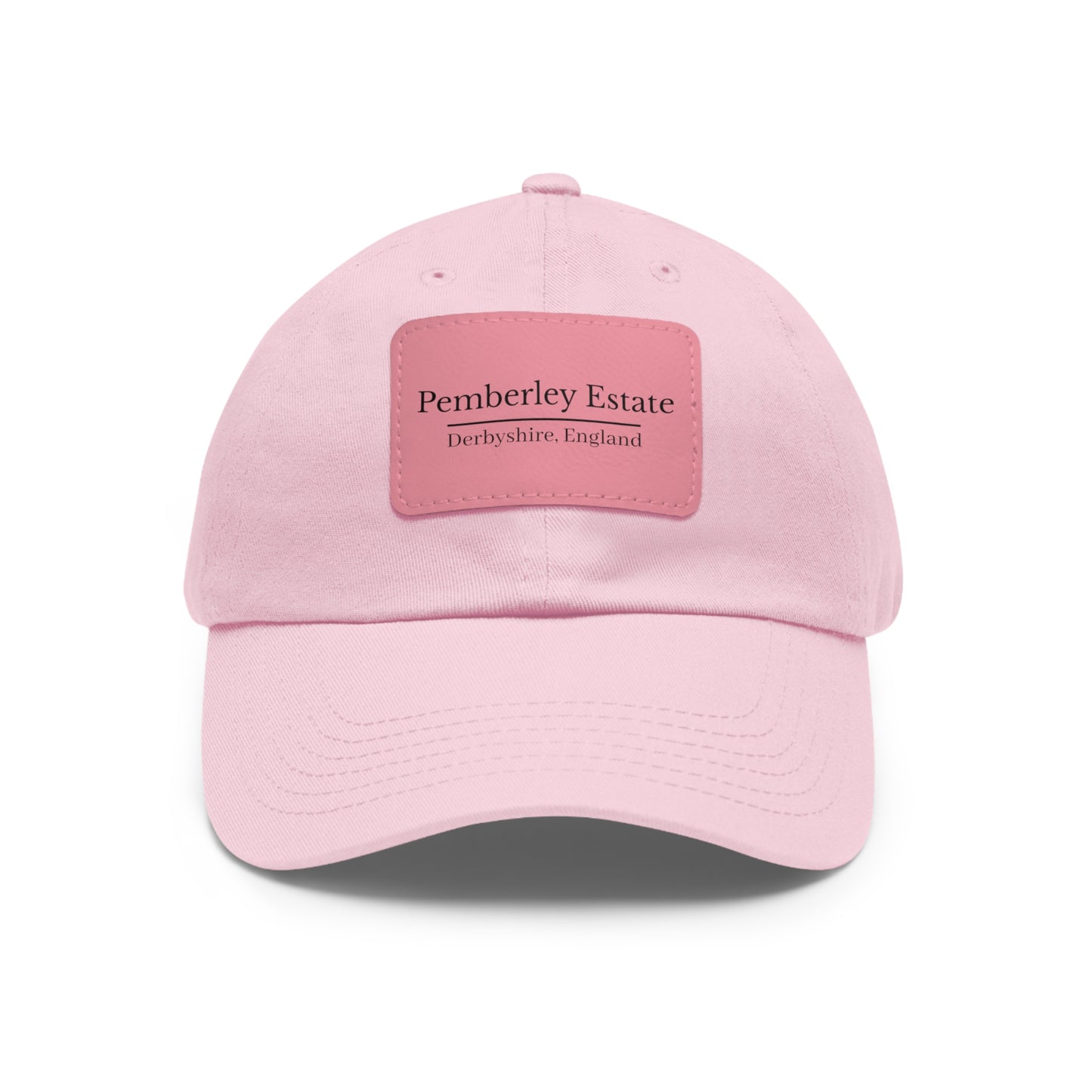 Pink hat with Pemberley Estate writing on  a leather patch