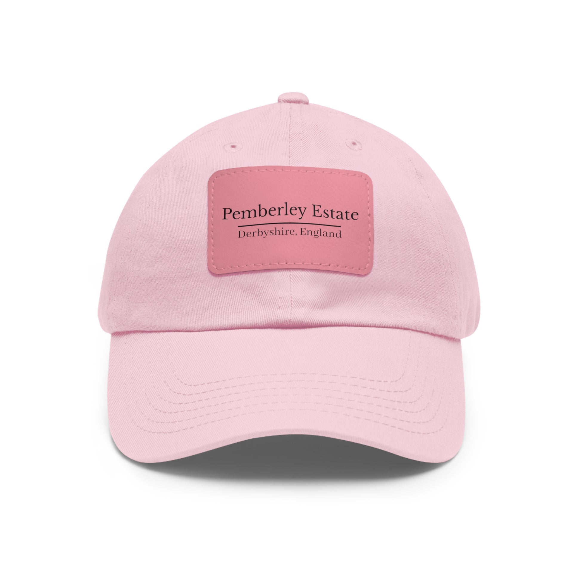 Pink hat with Pemberley Estate writing on  a leather patch