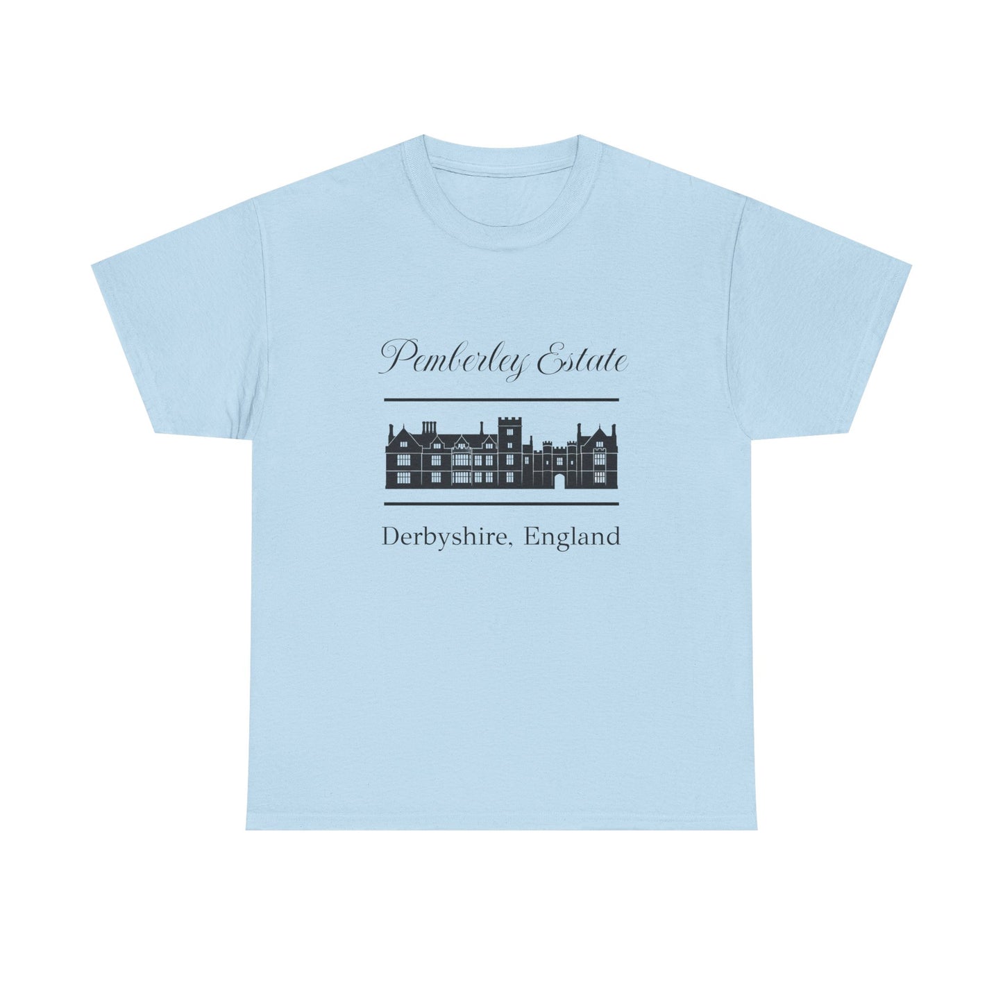 Light blue t-shirt with black text Pemberley Estate and graphic