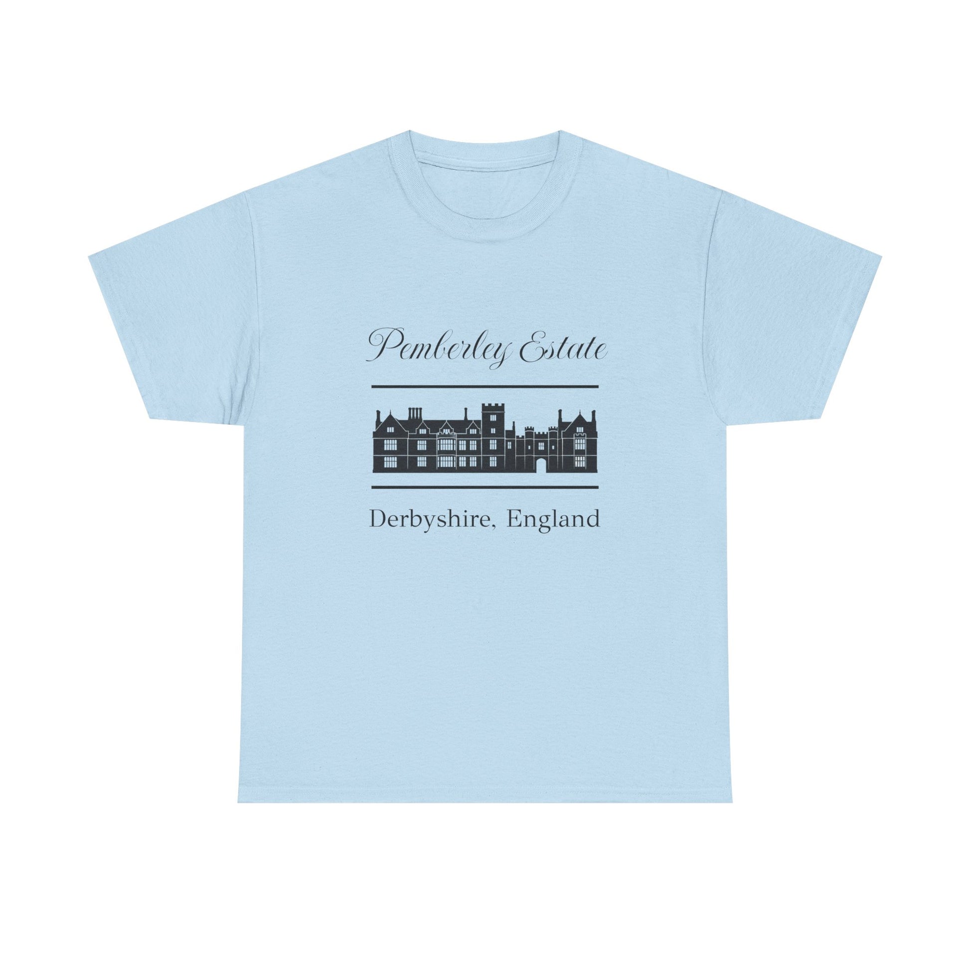Light blue t-shirt with black text Pemberley Estate and graphic