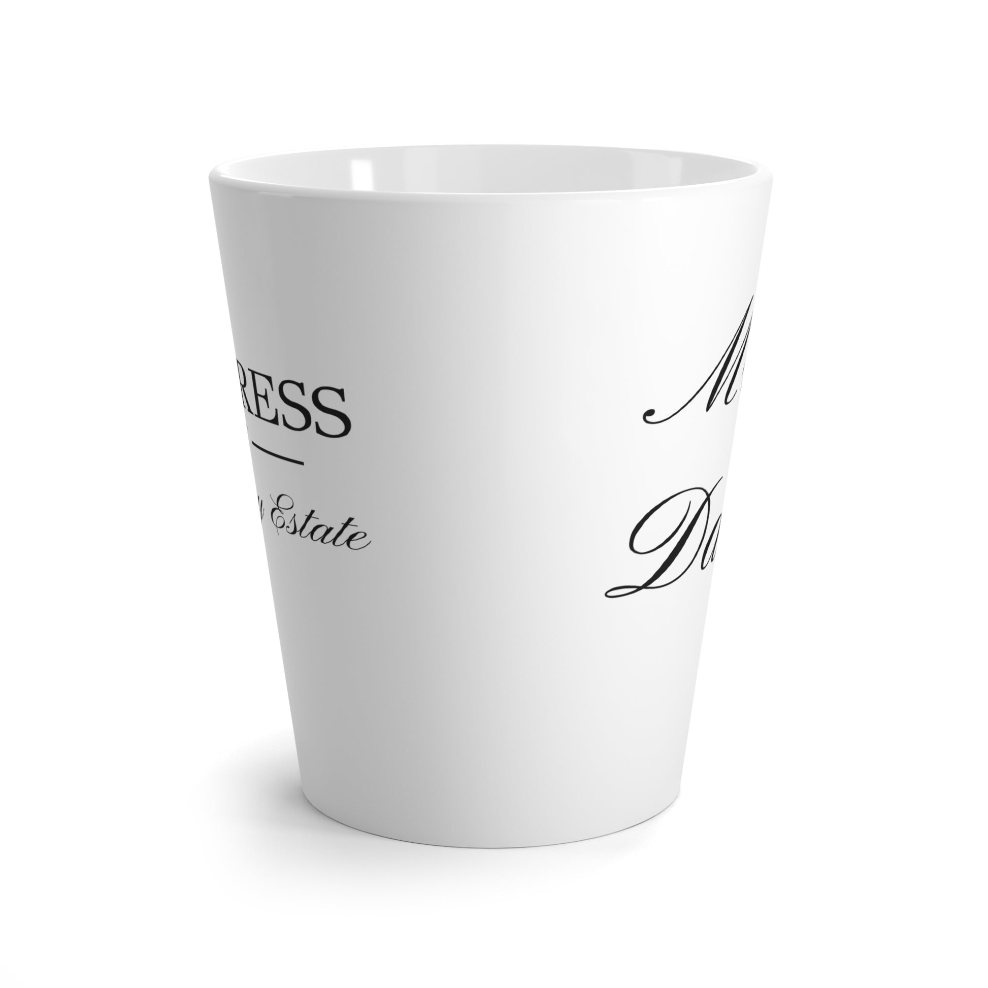 Mrs Darcy mistress of Pemberley Estate black text on white latte mug side