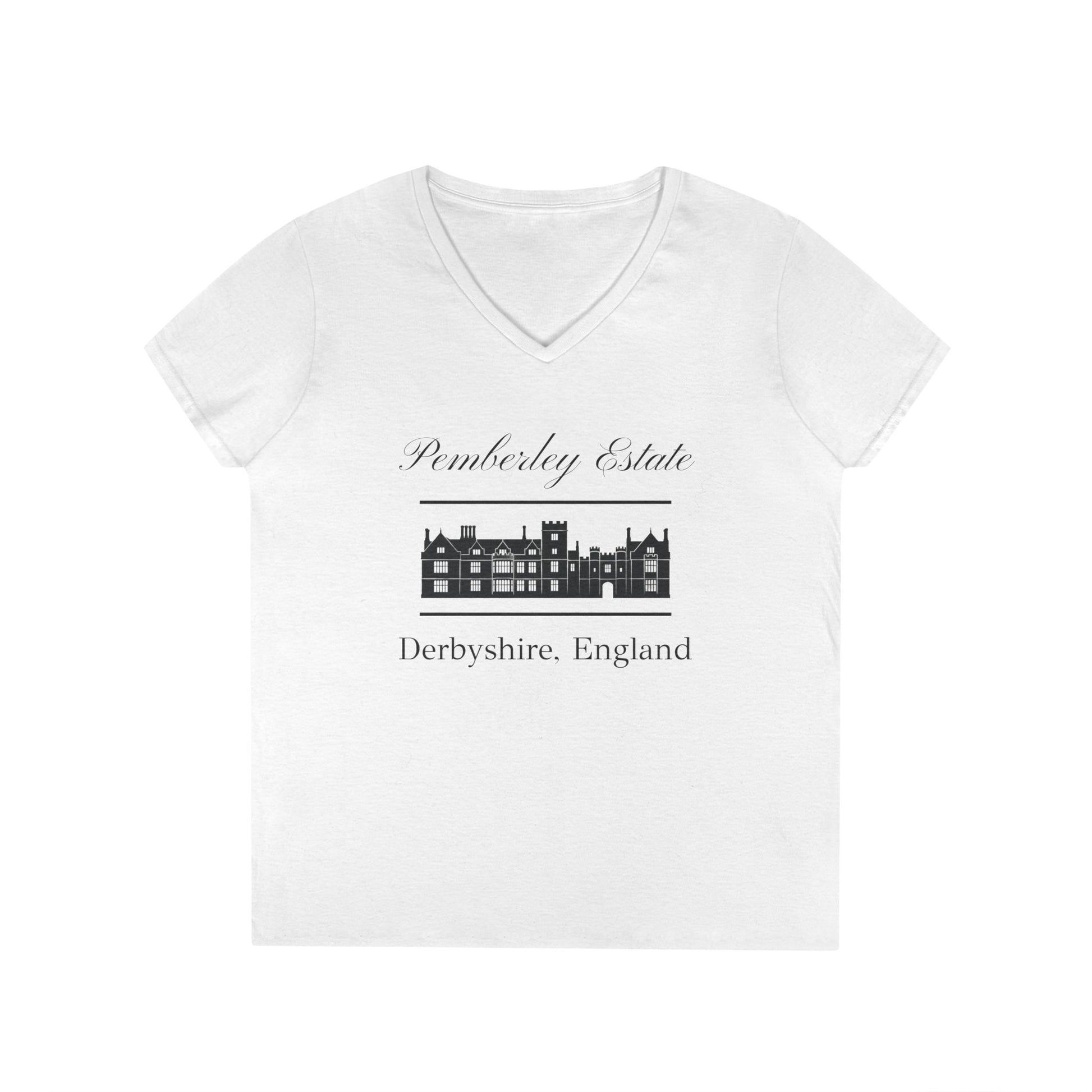Pemberley Estate Derbyshire England with building text on woman's v-neck t-shirt - White