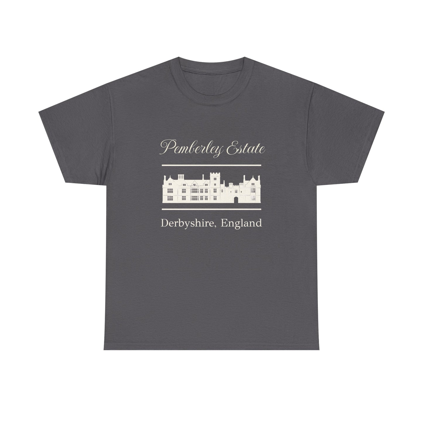 Charcoal t-shirt with black text Pemberley Estate and graphic