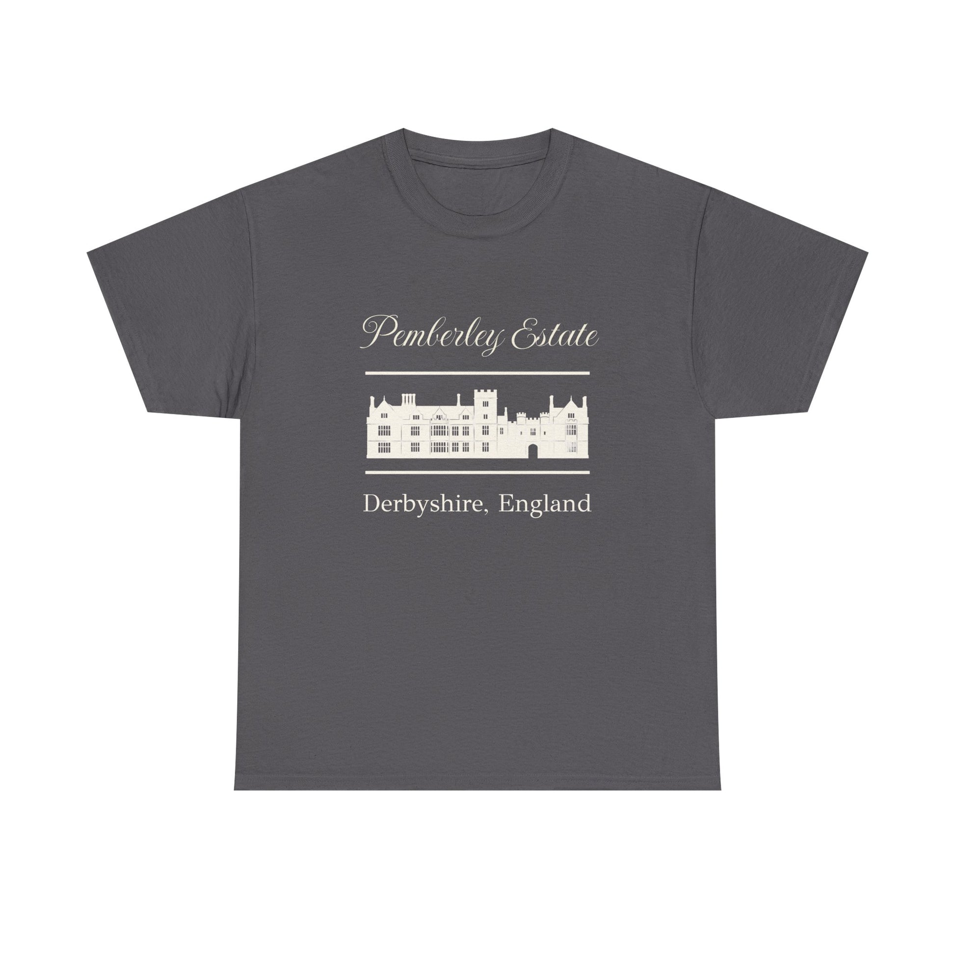 Charcoal t-shirt with black text Pemberley Estate and graphic
