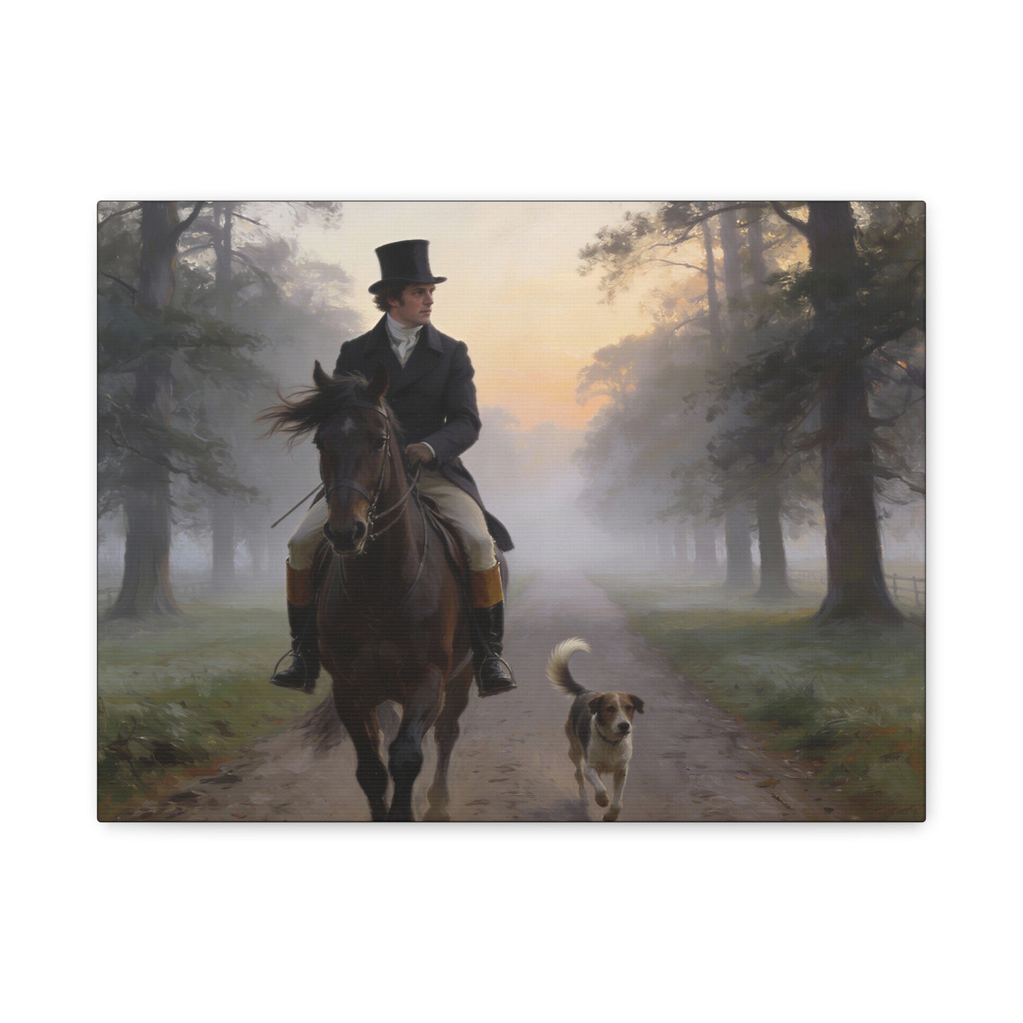 Mr. Darcy on Horseback Down a Country Lane Matte Canvas Print