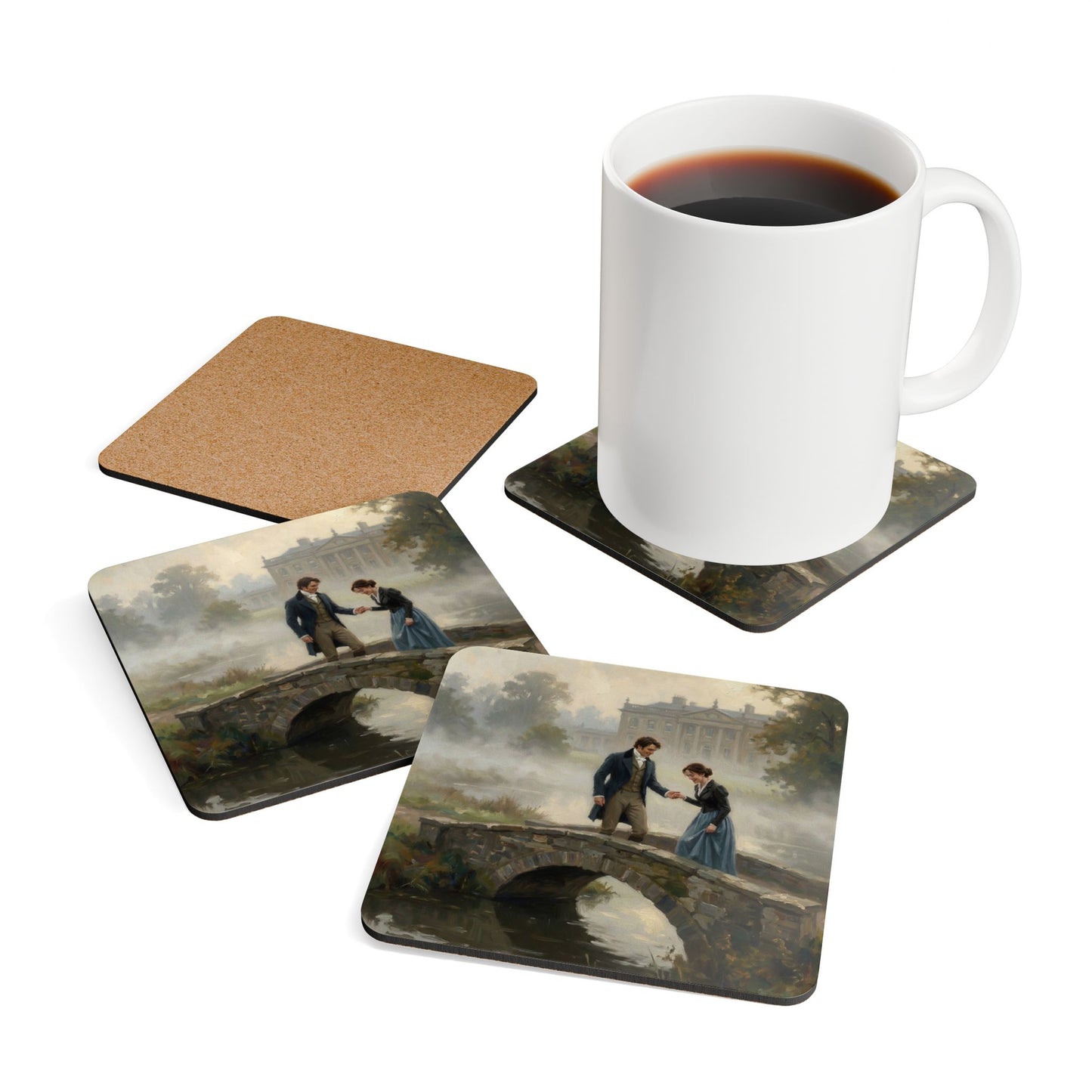 Set of four scenic coasters with a mug of coffee on a white background
