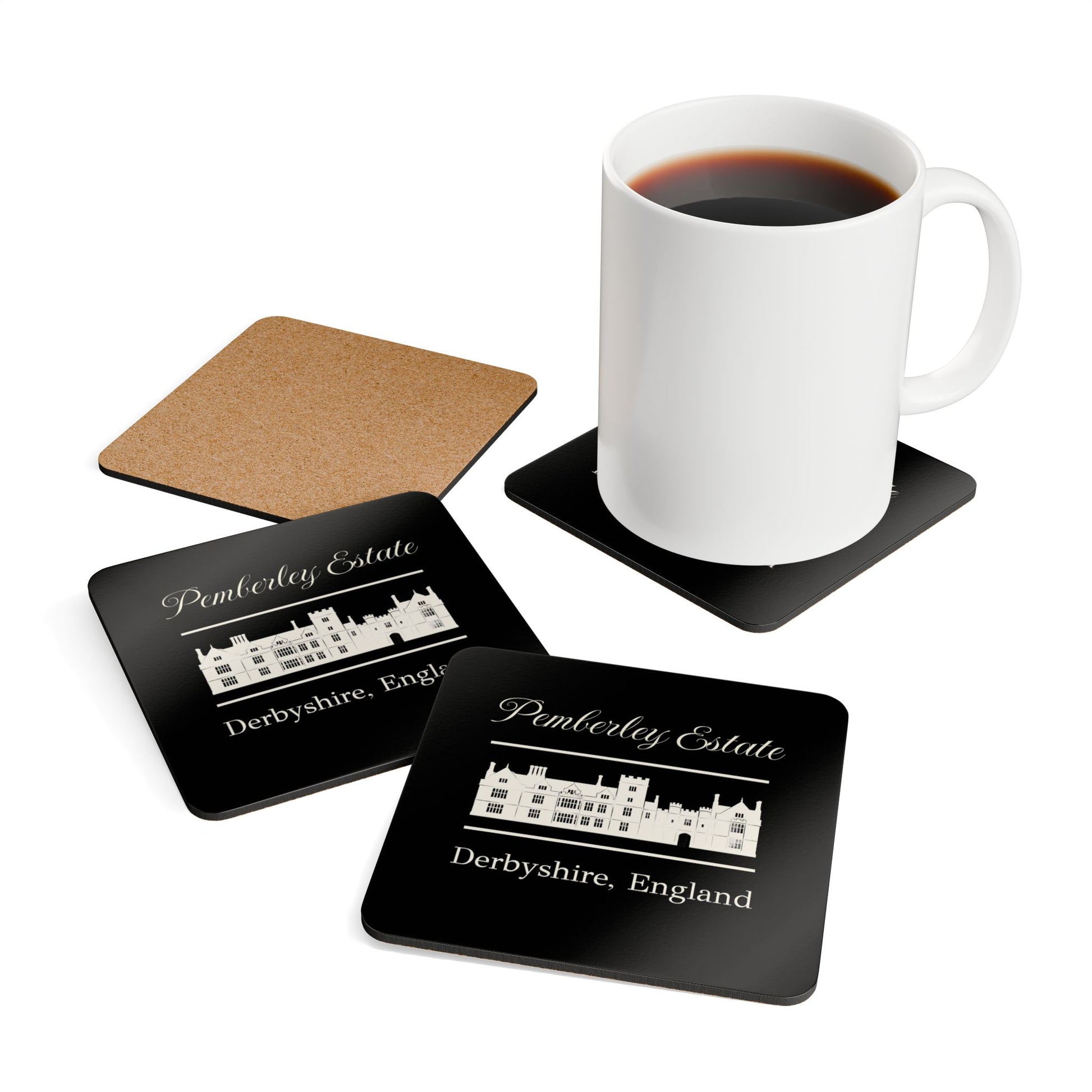 Set of coasters with 'Pemberley Estate, Derbyshire, England' design on a white background