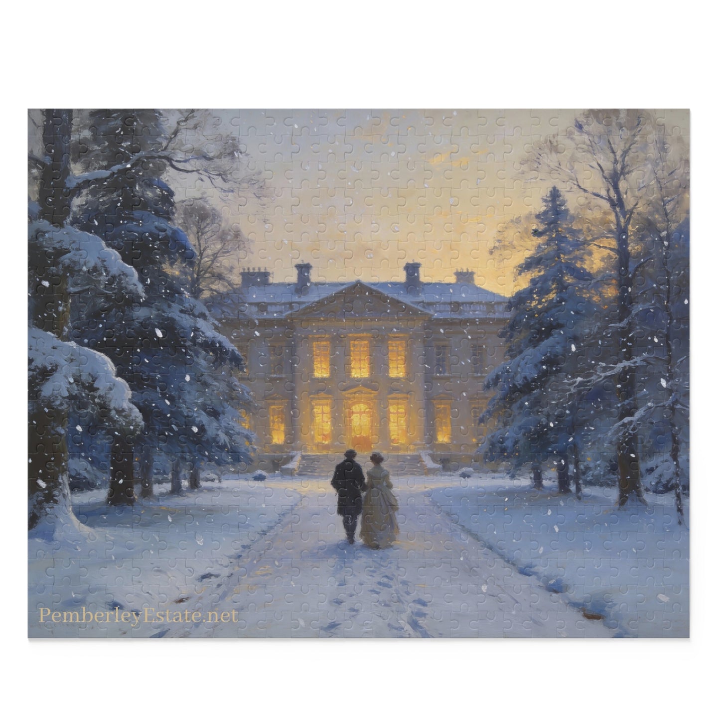 Two people walking in a snowy landscape with a large illuminated building in the background.