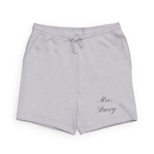 Mrs Darcy black text on woman's cozy gray shorts