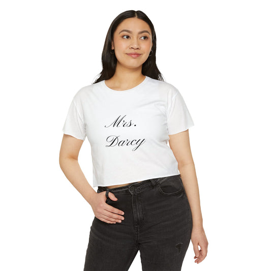 Mrs Darcy black text on woman's crop top t-shirt - white on model