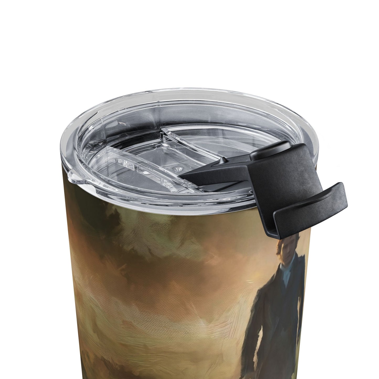 Clear tumbler with black lid and handle filled with iced coffee on a white background