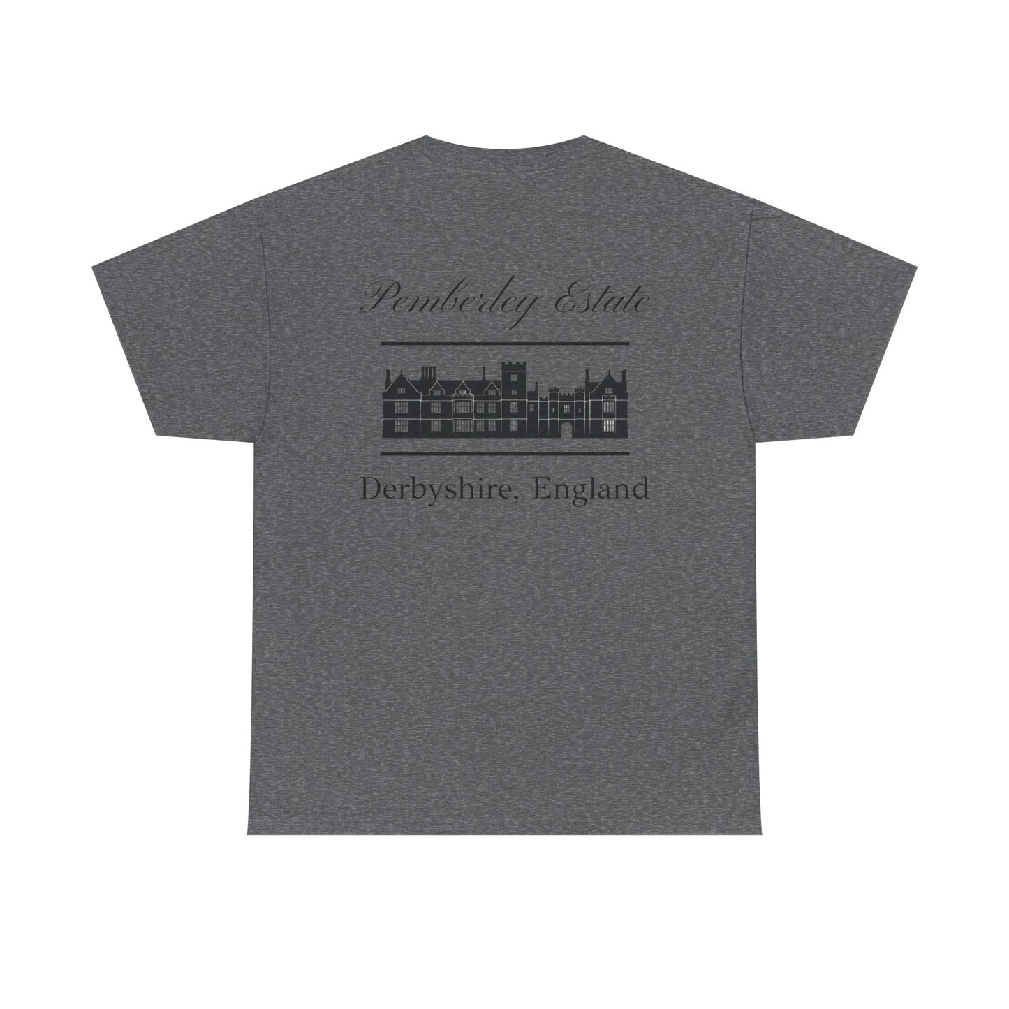 Pemberley Estate with building black text Men's t-shirt  back - charcoal color