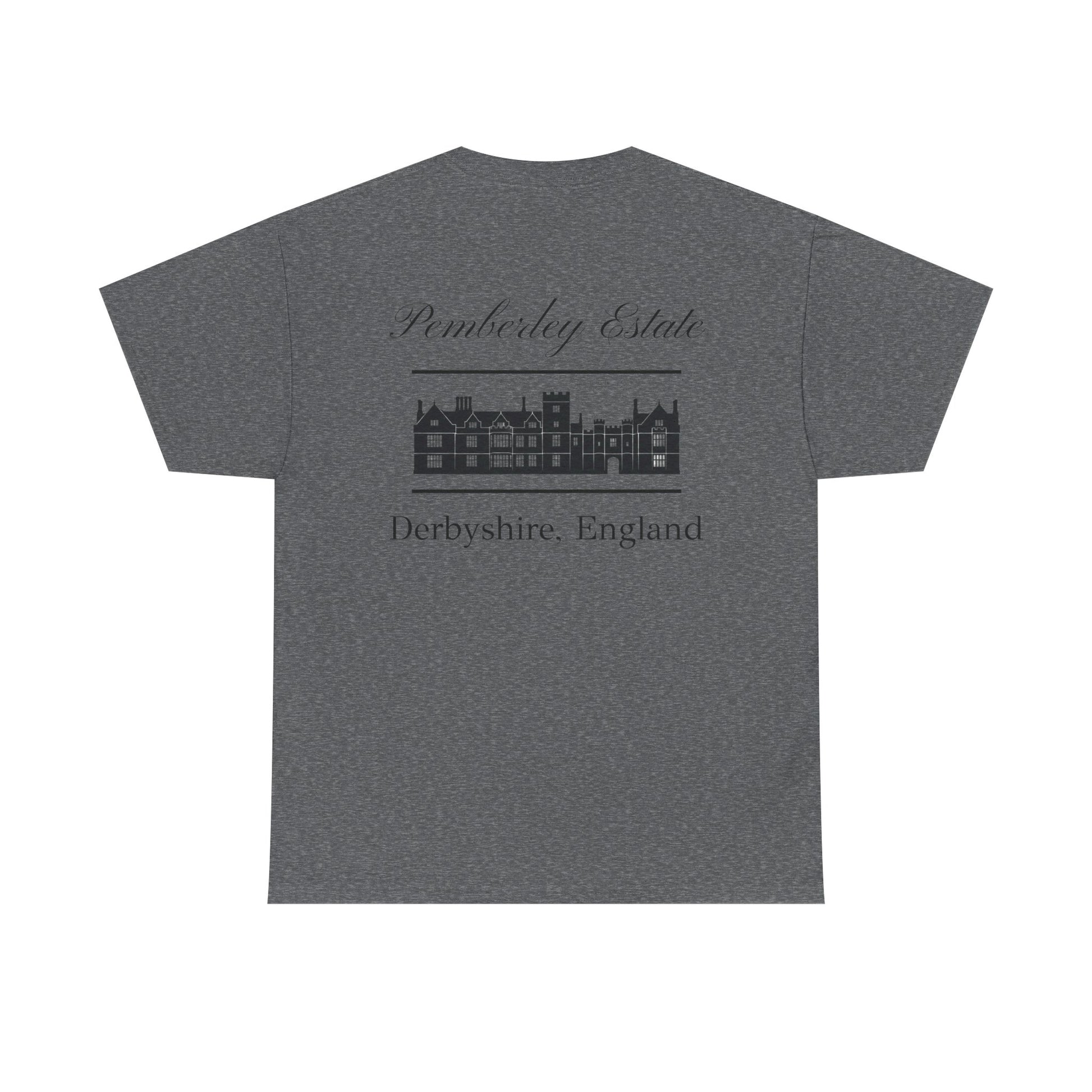 Pemberley Estate with building black text Men's t-shirt  back - charcoal color