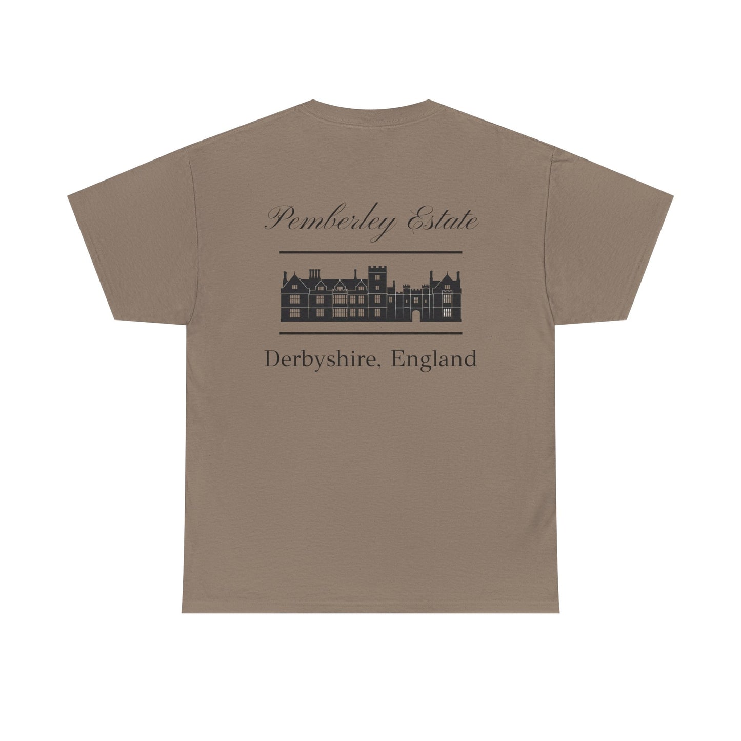Pemberley Estate with building black text Men's t-shirt  back - dark tan color