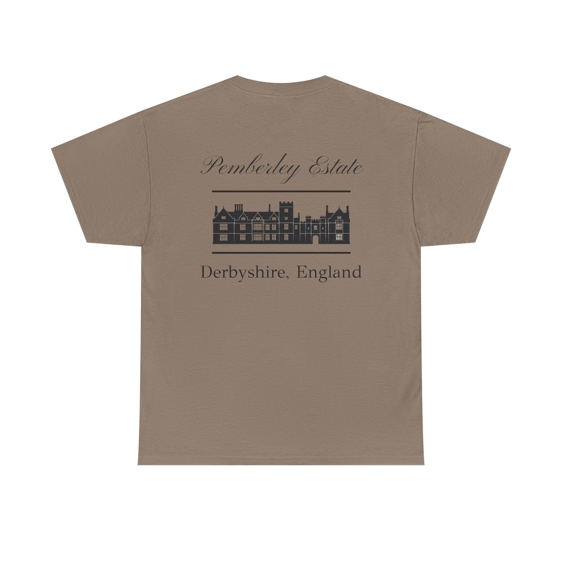 Pemberley Estate with building black text Men's t-shirt  back - dark tan color