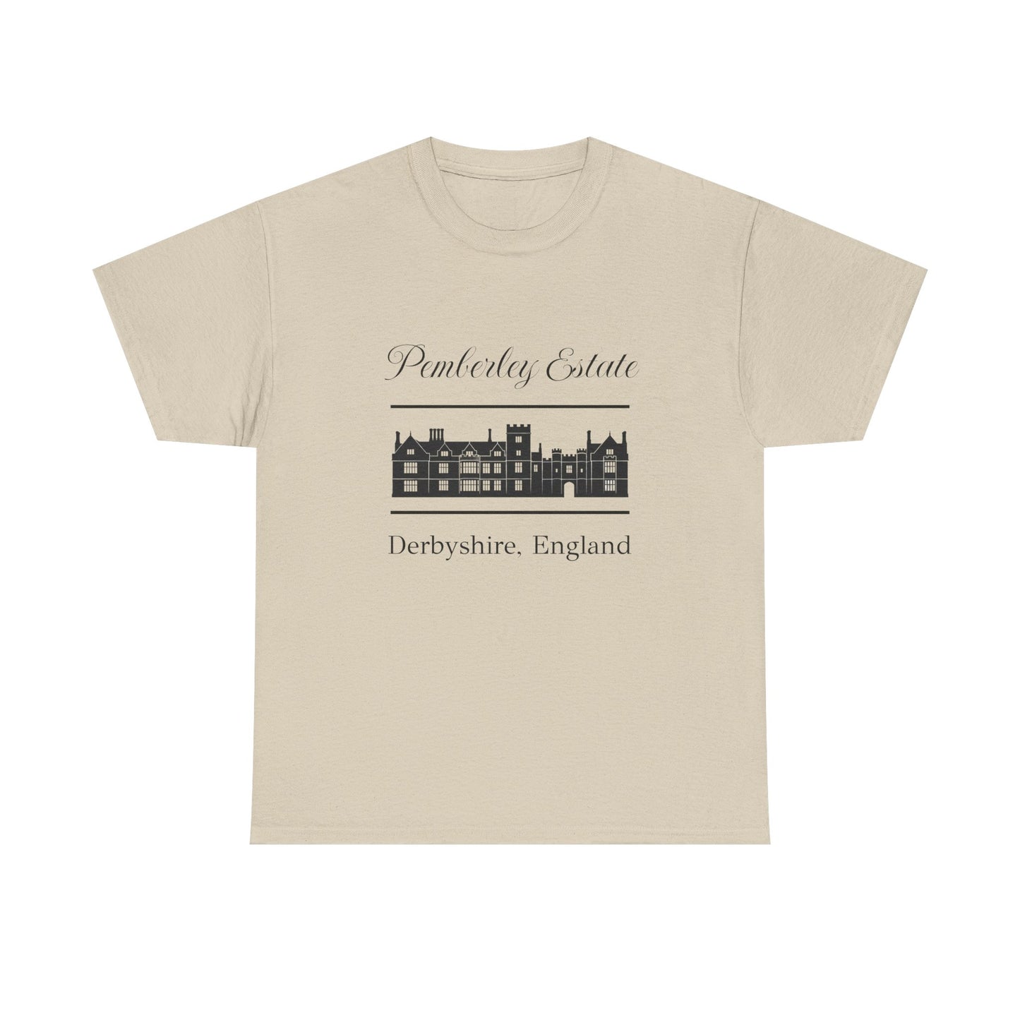 Beige t-shirt with black text Pemberley Estate and graphic